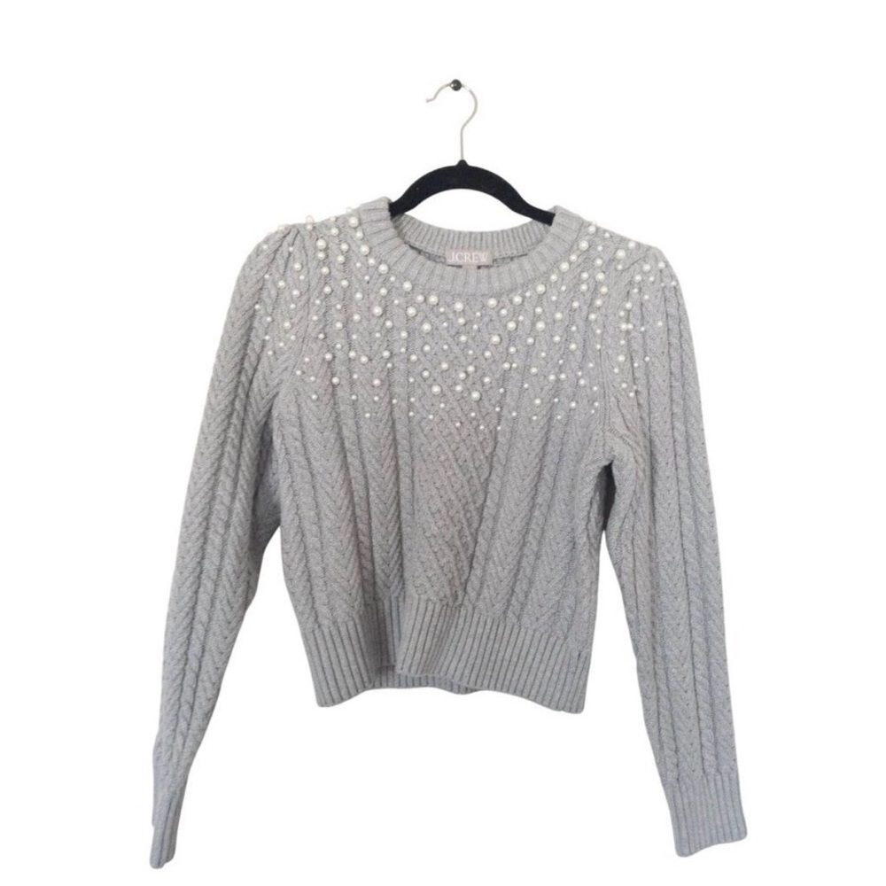 J. Crew Grey Pearl Embellished Cable Knit Sweater - Small